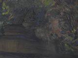 a painting of a river with trees and bushes in the background