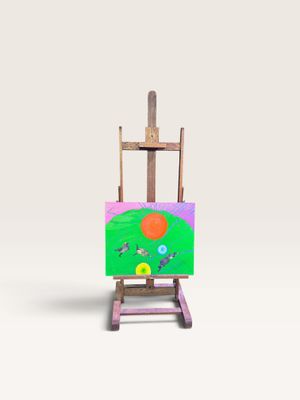 une image représentant un chevalet miniature sur lequel est posé un tableau, sur fond blanc