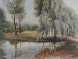 painting of a river scene with trees and water in the foreground