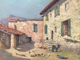 a painting of a farm scene with a cow and chickens