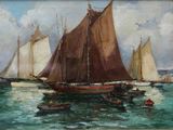 a painting of a group of sailboats in the water