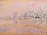 a painting of a city with a bridge in the background