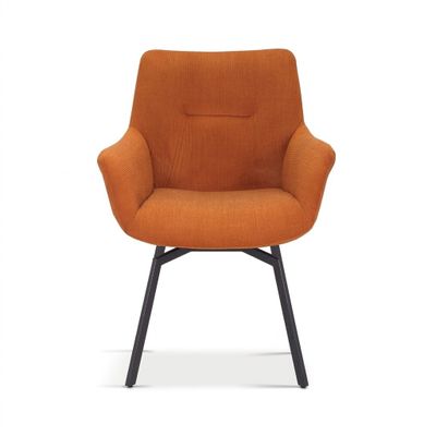 a close up of a chair with an orange upholstered seat