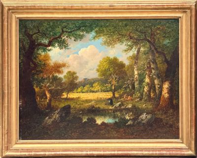 un tableau représentant un paysage boisé avec un homme et un chien au bord d'un ruisseau