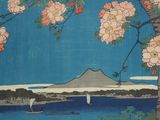 a picture of a painting of a mountain with flowers on it