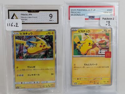 deux cartes à collectionner Pokémon dans des sachets en plastique, posées sur une surface blanche