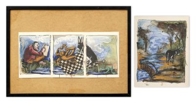 two framed pictures of a woman and a man sitting on a bench
