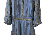 an image of a women ' s blue dress with a gold beading