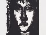 a black and white drawing of a man ' s face with his eyes closed