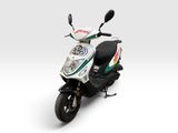 a white scooter with a green and white design on it