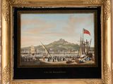 an oil painting of a harbor scene with boats and a castle