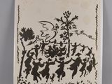 un dessin en noir et blanc représentant un groupe de personnes dans une forêt