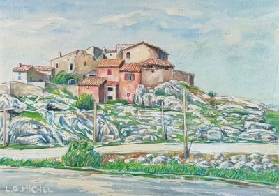 tableau représentant une maison sur une colline, avec une route au premier plan et une autre maison sur une colline à l'arrière-plan