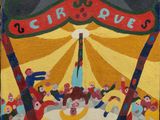 tableau représentant une scène de cirque avec des clowns et un chapiteau