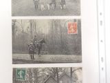 three pictures of people riding horses in the woods