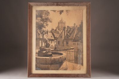 an old picture of a water fountain in front of a building