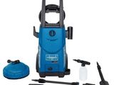 a blue electric pressurer with tools on a white background