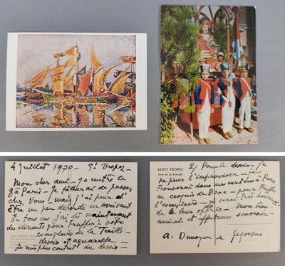 deux cartes postales représentant un homme et une femme sur un bateau