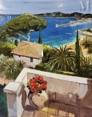 a painting of a potted plant on a balcony overlooking the ocean