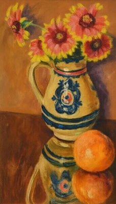 un tableau représentant un vase avec des fleurs et des oranges posé sur une table