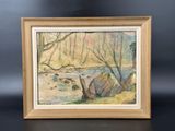 an image of a painting of a river in a wooden frame