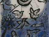 an image of a painting of birds flying over a blue sky