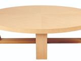 an image of a round wooden table with a wooden base