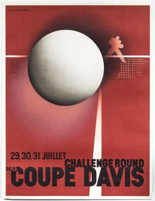 a poster advertising a tennis match with a ball on the court