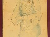 dessin d'une femme coiffée d'un chapeau et vêtue d'une robe, dans un cadre