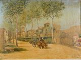 a painting of a man riding a horse drawn carriage down the street
