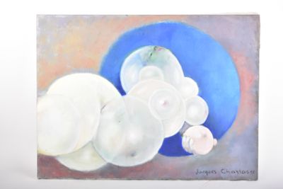 un tableau représentant un bol bleu orné de fleurs blanches