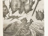 illustration représentant un homme à cheval devant un groupe de poissons