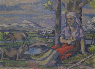 un tableau représentant une femme assise sous un arbre