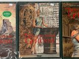 trois livres alignés sur une étagère, avec une femme tenant un couteau