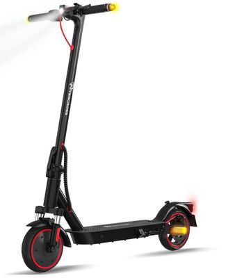 un scooter noir avec des roues rouges et un feu jaune