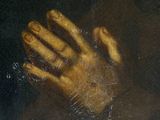 an oil painting of a man holding his hands up to his face