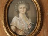 tableau représentant une femme en robe blanche, un bouquet à la main