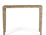 a wooden console table with a marble top and legs