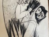 pencil drawing of an angel and a man sitting on a couch