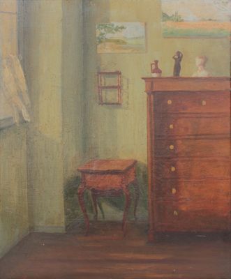 tableau représentant une pièce dans laquelle se trouvent une commode et une table