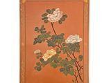 une peinture représentant des fleurs sur fond orange, avec une bordure dorée