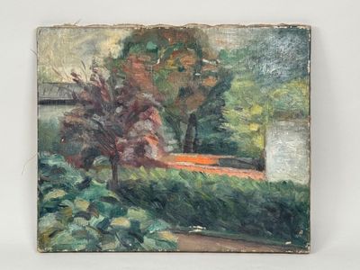 an oil painting of a bench in a garden next to a tree