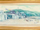 une peinture représentant une scène de plage avec des gens sur le sable