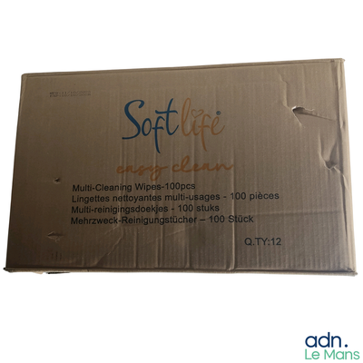 une boîte de lingettes Soft Life posée sur une table