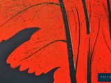 an image of a painting of a red leaf on a black background