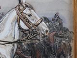 a painting of a man riding a horse with other men