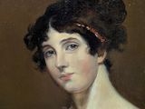 an oil painting of a woman in a red dress with a red headband