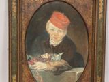 an old painting of a woman in a red hat holding a book