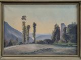 une image d'un tableau représentant un paysage avec des arbres au premier plan