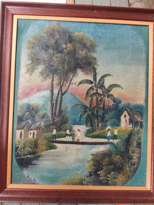 an oil painting of a village scene with a river and palm trees